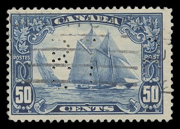 CANADA -  8 KING GEORGE V  158iii,Private perfin "BT" (Bell Telephone) used single with sought-after "Man on Mast" plate variety, the first private perfin we recall seeing with the variety, Fine