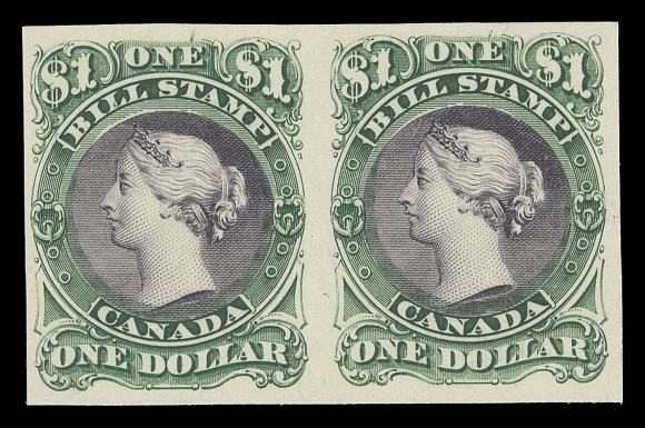 CANADA REVENUES (FEDERAL)  FB34, FB35, FB36,A comprehensive lot of 28 plate proof pairs - $1 (9), $2 (8) and $3 (11). Mostly all trial colours with different combinations of colours, on india or on card, includes issued colours. A few small flaws in no way detract from this seldom seen, colourful grouping, mainly VF