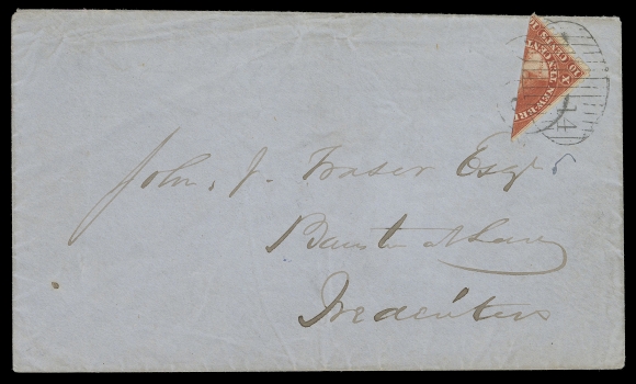 NEW BRUNSWICK  1860 (June 6) Blue cover from Gagetown to Fredericton bearing a diagonally bisected 10c vermilion affixed over provisional oval handstamp "3d" (5c), clipped perfs on one side as often seen, neatly tied by oval grid numeral "14", clear double arc Gagetown JU 6 1860 dispatch on back and partial Fredericton receiver backstamps, lightly wrinkling to cover in no way detracts, a beautiful bisect cover, F-VF (Unitrade 9a)Expertization: 1962 BPA certificateAn attractive in-period provisional use of a 10c vermilion bisected to pay the 5c domestic letter rate (effective May 1860). This was the temporary replacement for the controversial (and never issued) 5c Charles Connell stamp. The 5c Queen Victoria stamp is said to have been issued in or around July 18, 1860.