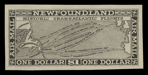 NEWFOUNDLAND -  7 AIRMAIL  C6-C8,The set of three engraved trial colour plate proof singles in black on bond paper, each with large margins, choice, VF; only 100 sets exist.