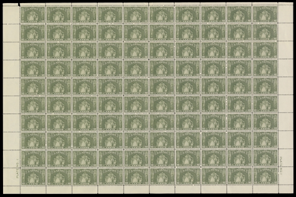 CANADA -  8 KING GEORGE V  209,Complete sheet of 100 with Plate 1 imprints in lower corners; small piece of selvedge missing at upper left, standard vertical fold along centre perfs, crease in top margin and minor perf separation at foot. A rare, fresh intact sheet, unusually well centered, VF NH (Unitrade cat. $8,280)