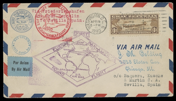 USA  Tied by Washington, D.C. first day slogan cancel to airmail cover flown on Graf Zeppelin to Sevilla, Spain,  two different cachets and Spanish receiver backstamp, VF (Scott C14)