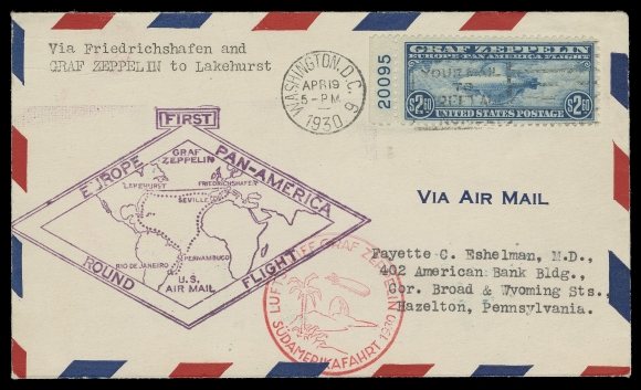 USA  A nicely centered plate number single tied by Washington, D.C. first day slogan cancel to airmail cover flown by Graf Zeppelin to Lakehurst, NJ via Friedrichshafen, two different cachets with MAY 31 receiver backstamp, VF (Scott C15)