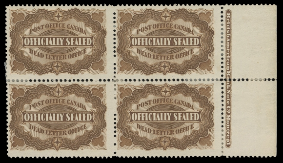 CANADA - 19 OFFICIALLY SEALED AND POW  OX1,A rare plate block of four showing full BABN imprint (Boggs Type V) in right margin, some severed perforations supported by hinges, deep rich colour on fresh paper; very seldom encountered - plate imprint multiples command a substantial premium over the sum of their stamps, F-VF OG (Unitrade cat. $1,800 as single stamps)
