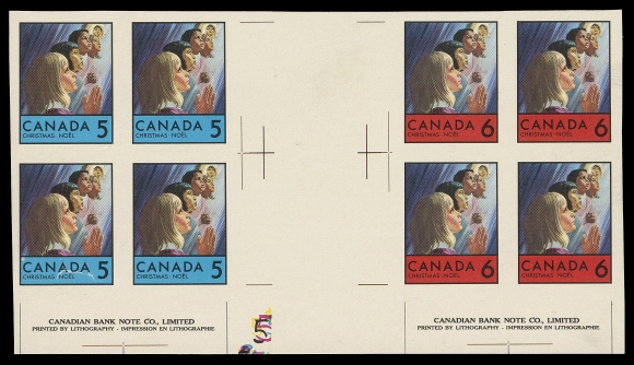 CANADA - 10 QUEEN ELIZABETH II  502-503,Plate proof gutter margin block of eight showing a block of each denomination on either side, printed in issued colours on thick glossy surfaced ungummed paper; guidelines in gutter margin and Canadian Bank Note Co. Limited imprint below each block and unusual colour registration "5" (in five colours) at foot. Visually striking and a very rare interpanneau se-tenant plate proof block; believed to be the only known example showing the plate imprints, ideal for an advanced collection, VF (Listed and priced in Unitrade specialized catalogue; see footnote)

Literature: Illustrated in Capex