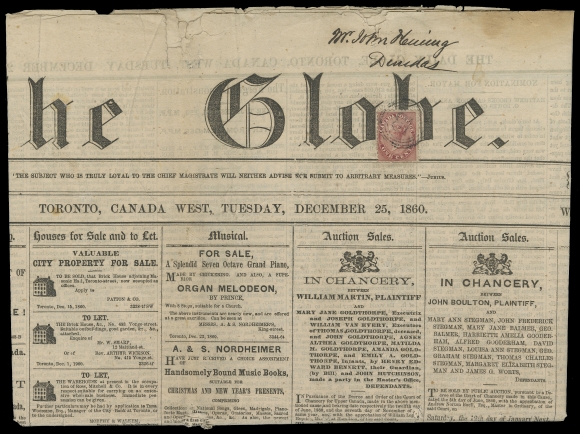 CANADA -  3 CENTS  "The Globe" with Toronto, Canada West, Tuesday, December 25, 1860 dateline, not mailed from the Office of Publisher, paying the 1c transient fee with a sound example of the 1c deep rose, perf 11¾, tied by light four-ring numeral (either 
