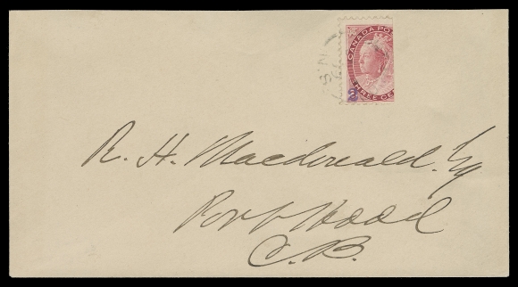 CANADA -  6 1897-1902 VICTORIAN ISSUES  1899 (January 5) Clean cover addressed locally bearing a selected example of the rare "2" (cent) provisional surcharge in violet on two-thirds of 3c Numeral, tied on left side by clear Port Hood, NS JA 5 99 split ring struck at 3 o
