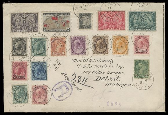 CANADA -  6 1897-1902 VICTORIAN ISSUES  1899 (October 6) Large envelope registered from Berlin, Ontario to Detroit, bearing an impressive quintuple series franking consisting of Small Queen ½c, 2c, 3c, Jubilee 2c, 3c, 8c, Leaf ½c, 1c (2), 5c, 6c, Numeral 2c purple, 5c, 8c, both Provisional Surcharges and 1898 Map stamp tied by Berlin CDS postmarks, light corner wrinkling away from stamps. An impressive and colourful franking, F-VF (Unitrade 34/86)Provenance: Don Bowen "Ten Auction", Eaton & Sons, June 1995; Lot 2357