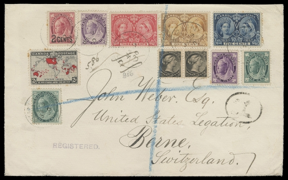 CANADA -  6 1897-1902 VICTORIAN ISSUES  1900 (January 9) Large registered cover to Switzerland, bearing 12 stamps from four different series with Small Queen ½c (2), Jubilee 1c (oxidized), 3c, 5c, Leaf 1c, 2c & provisional surcharge, Numeral 1c, 2c purple, and 1898 Map stamp, three stamps with minor perf toning tied by Berlin JA 9 00 CDS postmark, Toronto transits and Bern 22.I.00 receiver backstamps; light horizontal cover fold away from stamps. A remarkable Mixed-Issue franking paying a triple UPU letter rate plus 5c registration fee to Switzerland, F-VF (Unitrade 34/87)Provenance: Don Bowen "Ten Auction", Eaton & Sons, June 1995; Lot 2358