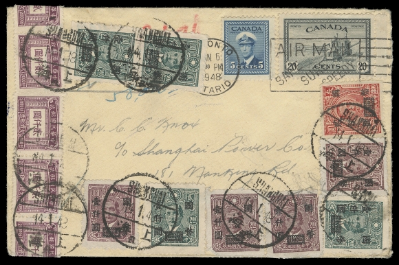 CANADA -  9 KING GEORGE VI  1948 (January 6) Cover from Toronto to Shanghai, bearing 5c blue War Effort and 20c Peace Issue tied by Toronto airmail slogan cancel, shortpaid and upon arrival in China, blue crayon marking "50,000" [yuan] due marking partially visible at top, an impressive array of postage stamps and postage dues, for the amount of 50,000 yuan affixed on front and reverse during period of hyper-inflation (near end of Chinese Civil War) and tied by Shanghai 14.1.48 datestamps; two stamps on back affected by tape and couple affixed over edge of cover, a very dramatic cover that will stand out in anyone