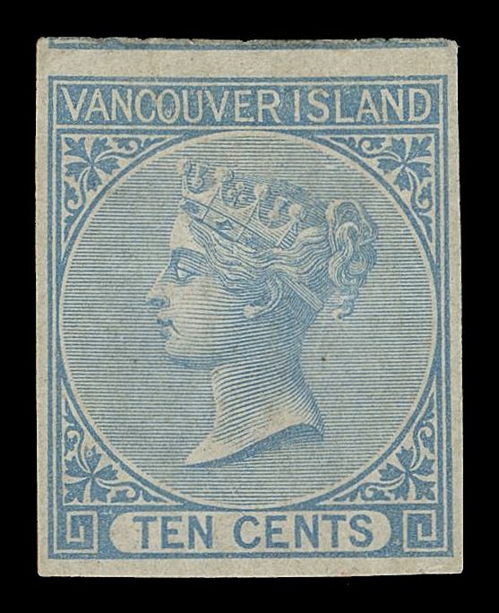 BRITISH COLUMBIA  4,An unusually choice mint example with seldom seen large margins showing portion of adjacent stamp at top, bright colour, mint hinged with large portion of characteristic early DLR printing gum. A scarce stamp to locate in such premium quality, VF OG