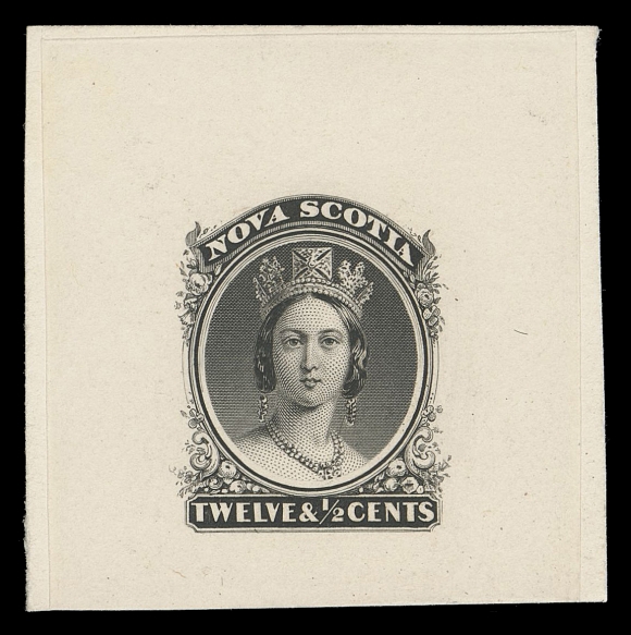 NOVA SCOTIA -  2 CENTS  13,Engraved Die Proof in colour of issue on card mounted india paper 45 x 45mm, shows die sinkage on three side, in pristine fresh condition, VF+ and quite scarce (Minuse & Pratt 13P2)