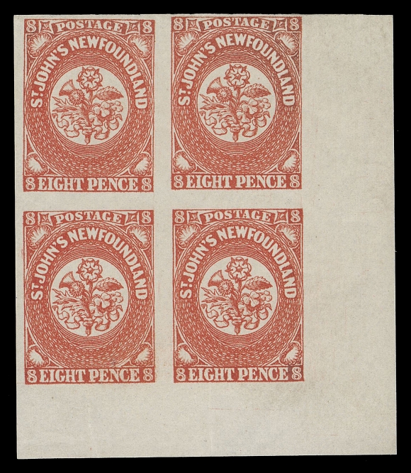 NEWFOUNDLAND -  1 PENCE  8,A fresh mint corner margin block with ample to large margins, great colour and sharp impression, full dull white original gum associated with this Issue; pencil signed by experts Theophile Lemaire and Alberto Diena on reverse, VF LH
