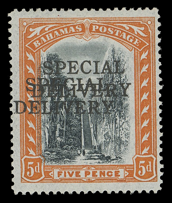 BAHAMAS  E1a, A brilliant, fresh mint single showing double "SPECIAL DELIVERY" two-line overprint in error, full original gum, scarce, F-VF LH; 1977 BPA cert. (SG S1 £800)These Special Delivery stamps were issued by the Colonial Administration of the Bahamas Islands for circulation at four Canadian post offices - Montreal, Ottawa, Toronto and Winnipeg.