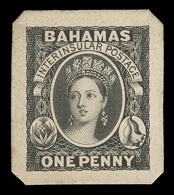 BAHAMAS  1,Perkins, Bacon Original Die Proof, engraved, printed in black on card mounted india paper measuring 24 x 27mm, good margins all around permitting obvious assessment of its status as a die proof; very rare die with about seven known in private hands, this being one of the nicest, VF (SG 1)Expertization: photocopy of 1986 RPS of London certificateProvenance: Staircase Collection (Harry Sands), Spink, April 1999; Lot 63