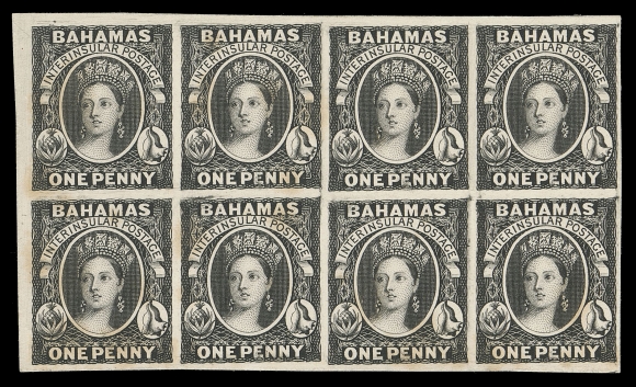BAHAMAS  1,A marvelous Perkins Bacon original plate proof block of eight, engraved, printed in black on white card, from the upper left corner of the sheet; hint of toning as normal on these, rich colour, sharp impression on bright white paper; position 3 shows prominent plate scratch variety between "TA" in "POSTAGE". Plate proof multiples larger than blocks of four are very rarely seen, VF (SG 1)