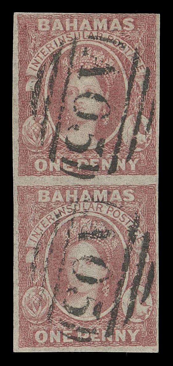BAHAMAS  1,A very rare used pair surrounded by ample to large margins, attractively cancelled by clear oval grid 