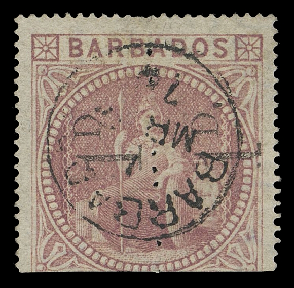 BARBADOS  57a,Large numeral "1" with curved serif, reading up, a scarce unsevered pair devoid of any flaws, perforation line between and original face value tablet at foot removed as customary for this provisional stamp. Socked-on-nose Barbados March 1878 CDS postmark, choice, VF; 1960 RPS of London cert. (SG 86b £2,500)