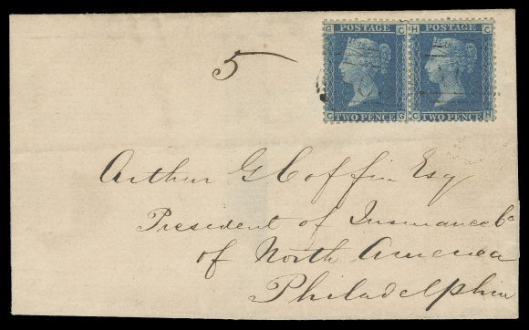 BAHAMAS  1,1859 (September 26) Clean folded cover from Bahamas to Philadelphia, franked with Great Britain 1858 2p blue, Plate 7, perf 14 horizontal pair tied by light oval grid 