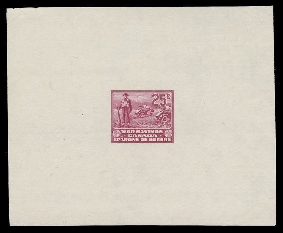 CANADA REVENUES (FEDERAL)  FWS13,Large Die Proof in rose carmine, colour of issue, on india paper 88 x 72mm; the unhardened die without die number, very scarce, VF

According to ABNC records, six issued colour die proofs were produced.