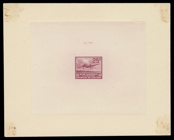 CANADA REVENUES (FEDERAL)  FWS11,Large Die Proof printed in rose carmine on india paper 88 x 72mm, die sunk on larger card 127 x 101mm; the hardened die with die number "XG-735" above design; ABNC archival mounting marks in corners well away from die sinkage area, VF and very scarce