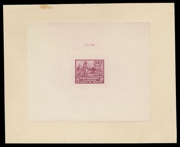 CANADA REVENUES (FEDERAL)  FWS8,Large Die Proof printed in rose carmine, issued colour on india paper 88 x 71mm, die sunk on larger card 123 x 100mm; the hardened die with die number "XG-728" above design; ABNC archival adhesive marks on reverse, small spot near edge of proof well away from the die sinkage area, VF and very scarce
