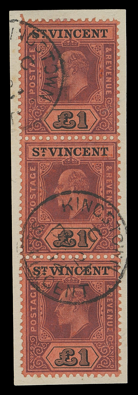 ST. VINCENT  89,An impressive used vertical strip of three with superb solid colours, sharp impression and in flawless condition, neatly tied to small piece by Kingston, St. Vincent DE 21 12 postmarks; a beautiful and very seldom seen used multiple in selected quality, VF+ (SG 93 £1,200 as used singles)