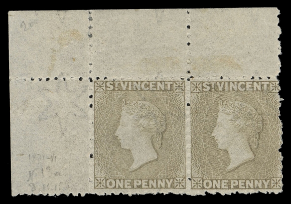 ST. VINCENT  26,An outstanding corner margin mint pair, remarkably well centered for this challenging issues, great colour on fresh paper, with full original gum with left stamp very lightly hinged and right stamp NEVER HINGED. A very rare mint pair; no larger multiples exit, making this corner margin example very desirable indeed, VF (Scott 26 $1,600+; SG 37 £1,400 as hinged singles)Provenance: Peter Jaffé, Spink, March 2006; Lot 416