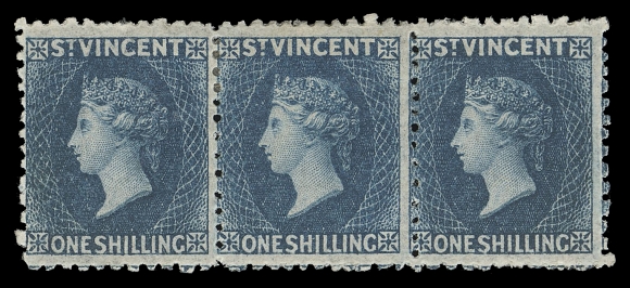 ST. VINCENT  9,An impressive mint strip of three, identified as Positions 1-3 in the famous Jaffé sale, reasonably well centered with noticeably large margins, exceptionally fresh and in an excellent state of preservation, highly appealing, VF OG (Scott 9; SG 13)Expertization: 2006 David Brandon certificateProvenance: W.W. Forsyth St. Vincent, Harmers of London, March 1978; Lot 159Peter Jaffé, Spink, March 2006; Lot 225 - sold for £2,000 hammer.