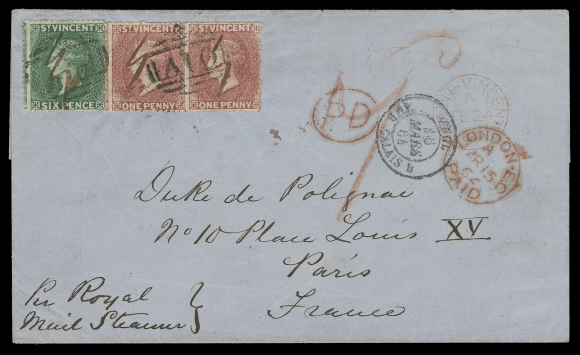 ST. VINCENT  1864 (February 24) Blue folded cover from the famous "Polignac" correspondence to Paris, paying the 8 pence rate to France, via the UK, franked with 1861-1862 no watermark rough perf 14-16, 1p rose red pair and single 6p deep green, cancelled by manuscript markings applied by the Argyll Estate (to prevent theft) and oval grid 