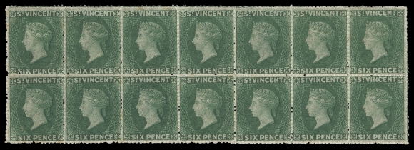 ST. VINCENT  3,A phenomenal mint block of fourteen in an excellent state of preservation along with superior centering for this notoriously tightly-spaced issue, deep radiant colour on flawless paper with FULL ORIGINAL GUM, mainly lightly hinged, four stamps in lower row are NEVER HINGED. THE LARGEST MINT MULTIPLE OF THIS STAMP, eclipsing the famous "Jaffé" block of 12, in not only size but having overall better centering and freshness. A wonderful showpiece of the highest order, VF OG / NH (SG 4)It is worth mentioning the previous "largest known multiple" offered in the Peter Jaffé sale March 2006; Lot 119 - sold for an impressive £12,000 hammer against a pre-sale estimate of £2,000-£2,500.