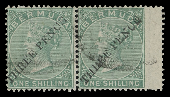 BERMUDA  10,Very scarce horizontal pair with wing margin at right, used with light oval grid cancels, F-VF; 1985 BPA cert. (SG 14 £1,300 as singles) ex. Sir Henry Tucker Collection of Bermuda (October 1978; Lot 186)