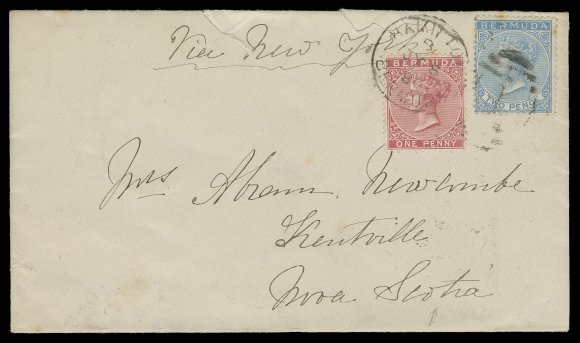 BERMUDA  1880 (July 8) Cover mailed from Hamilton to Kentville, Nova Scotia, endorsed "Via New York" manuscript route bearing 1p rose red and 2p bright blue, Crown CC, perf 14 tied by Hamilton JY 8 80 duplex grid 