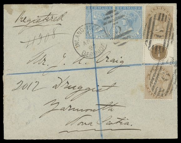 BERMUDA  1887 (April) Registered cover from Ireland Island to Yarmouth, NS, pays 3p letter rate to Canada plus 2p registration with pair of 2p blue, Crown CA and two single 1880 ½p stone, Crown CC, one with DLR plate "1" margin, former tied by Inland Island (misspelt duplex) grid 