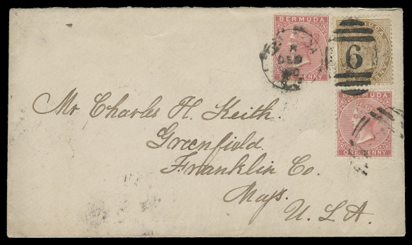 BERMUDA  1880 (December) Cover to Massachusetts, USA via New York, bearing two 1p rose red and a ½p stone, Crown CC tied by bold, elusive Bermuda, R.O. duplex grid 