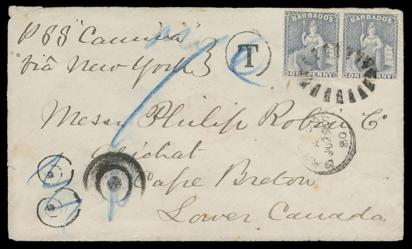 BARBADOS  1880 (June 29) Cover bearing pair of 1p dull blue "Britannia", Crown CC, perf 14 tied by "bootheel" duplex datestamp, addressed to Arichat, Cape Breton, paying the 2p Ship Letter fee to North America; original "3" due handstamp crossed out, replaced with blue crayon "10" due subsequently deleted and charged "7" (cents due) as letter rate to Canada was 4 pence sterling, clear New York JUL 16 transit and partial receiver backstamps, very attractive, VF (Scott 51; SG 73)