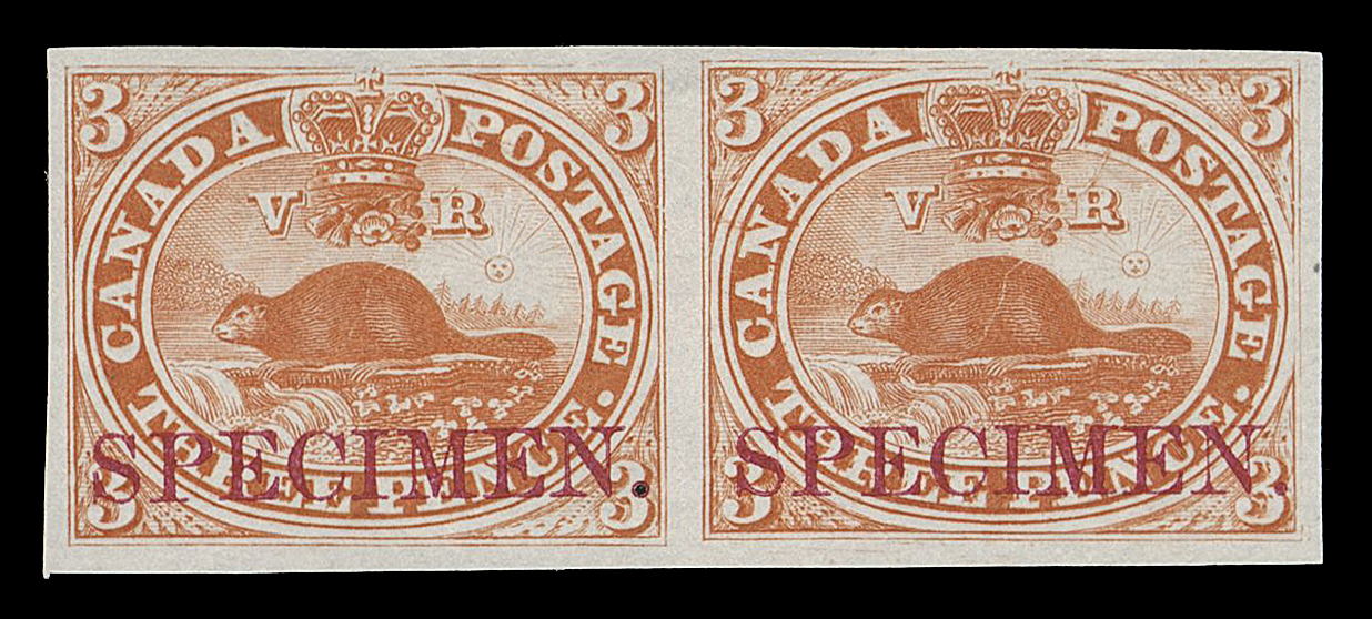 THREE PENCE AND FIVE CENTS  1TC + variety,Plate proof pair on india paper with horizontal SPECIMEN overprint in carmine, right proof shows Major Re-entry (Pane B; Position 65) with extensive doubling through much of the lettering, the central "Crown" and other traits, choice, VF