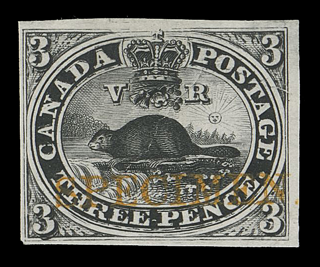 THREE PENCE AND FIVE CENTS  1TCv + variety,Trial colour plate proof in black on india paper, horizontal SPECIMEN overprint in orange, showing Major Re-entry (Pane A, Position 80) with very strong doubling in "THREE PENCE", in upper & lower left "3"s, and other traits, F-VF