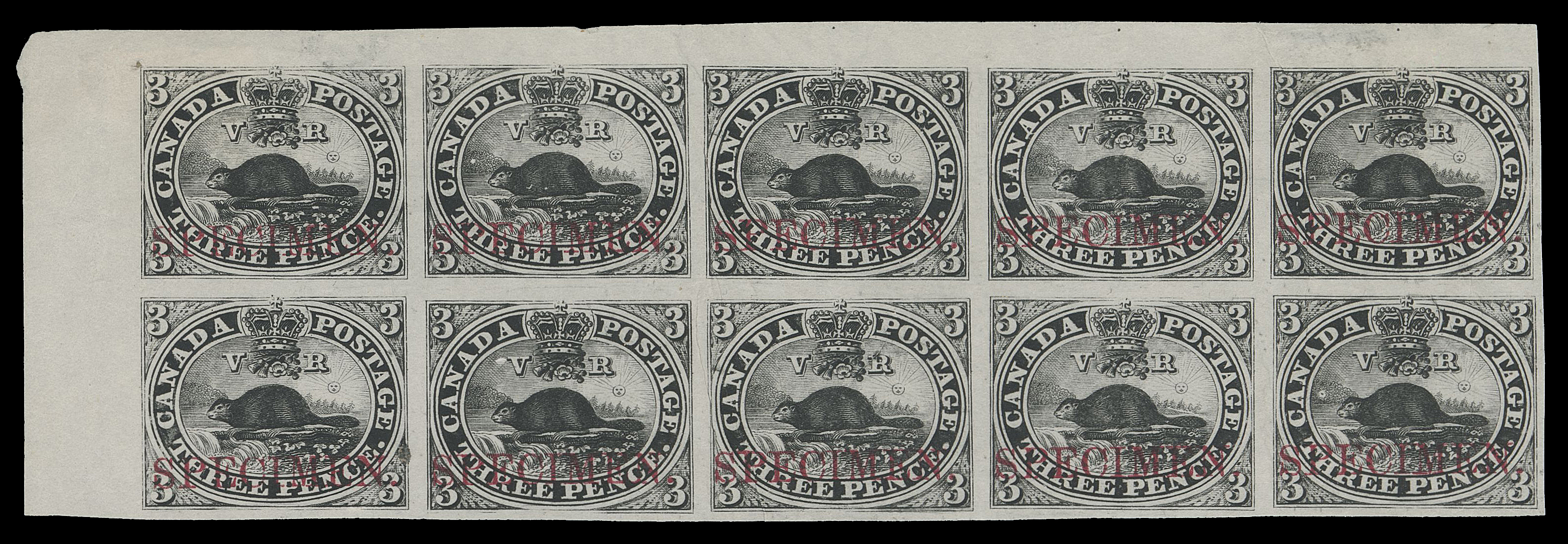 THREE PENCE AND FIVE CENTS  1TCiii,An impressive corner margin trial colour plate proof block of ten (Pane B, Positions 1-5 / 11-15) printed in black on india, horizontal SPECIMEN in carmine, natural wrinkling on four, otherwise VF, a rarely seen trial colour proof.

Provenance: Dale-Lichtenstein, Sale 2 - British North America Part One, November 1968; Lot 4 (as a block of 25 from which this originates)

This block came from an early printing and is without plate imprints (insertion of the imprints only occurred following the Printing Order of October 1856). 