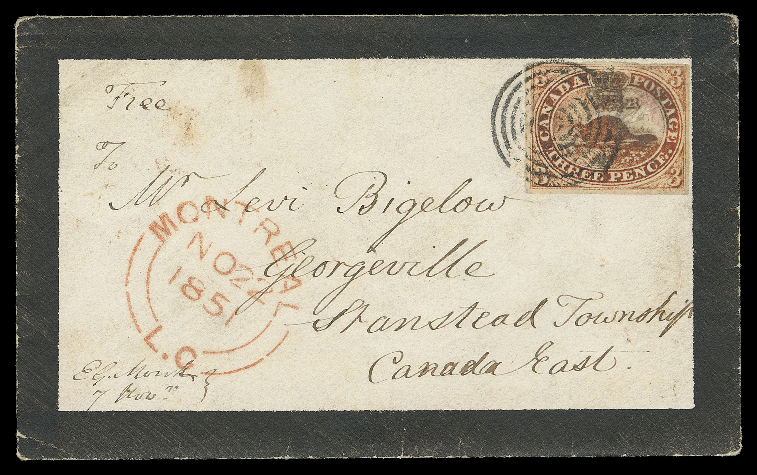THREE PENCE AND FIVE CENTS  1851 (November 22) Small mourning cover with letter enclosure, bearing 3p red on handmade laid paper with adequate margins except barely touching frameline at top,  paying the domestic letter rate to Georgeville C.E., negligible surface scrape to stamp which is neatly tied by concentric rings, clear Montreal double arc dispatch CDS in red, St. John L.C. transit and Georgeville stampless era double ring receiver in red with "Nov. 26" filled-in date, an appealing, early usage of the 3 pence, F-VF (Unitrade 1)

Expertization: 1998 PF certificate