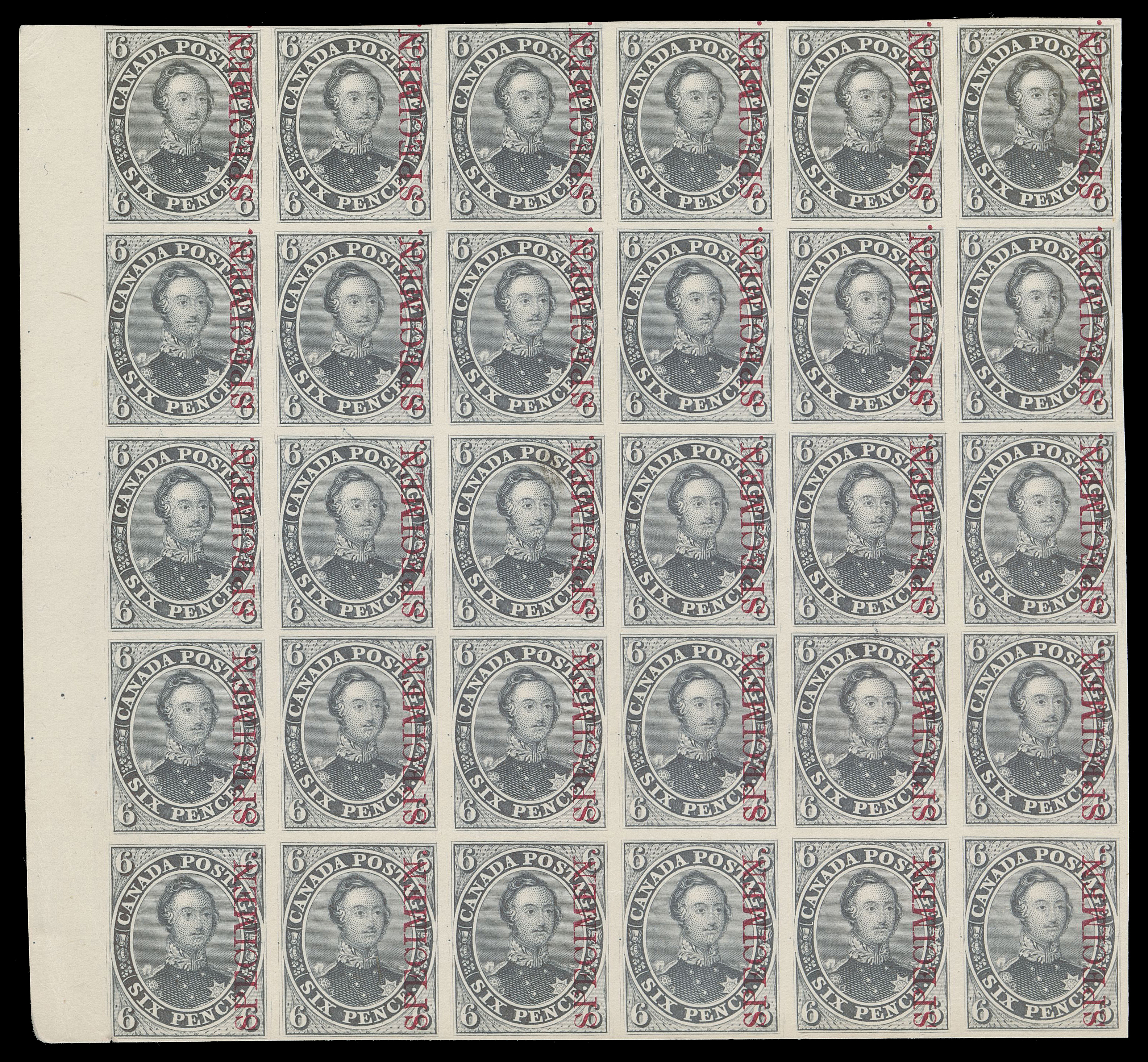 SIX PENCE AND TEN CENTS  2TCvii,Trial colour plate proof block of thirty (6x5) printed in dark grey on card mounted india paper, vertical SPECIMEN overprint in carmine. A very scarce multiple that is among the largest extant, VF (Unitrade cat. $9,000)