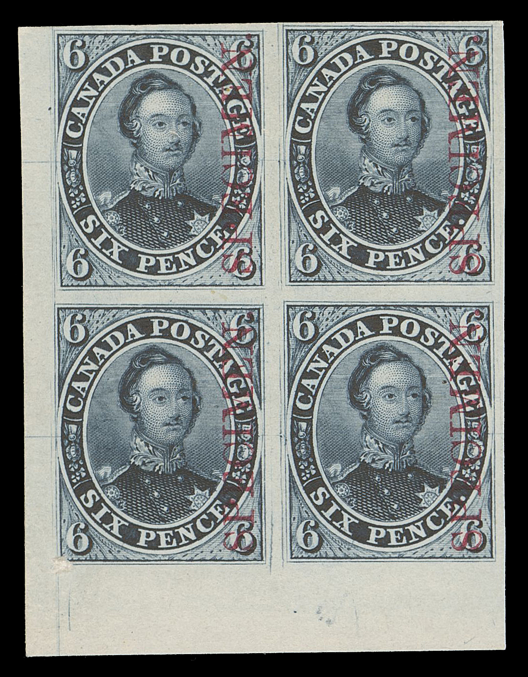 SIX PENCE AND TEN CENTS  2TCxi,A corner margin trial colour plate proof block printed in grey blue on card mounted india paper, vertical SPECIMEN overprint in carmine; engraver