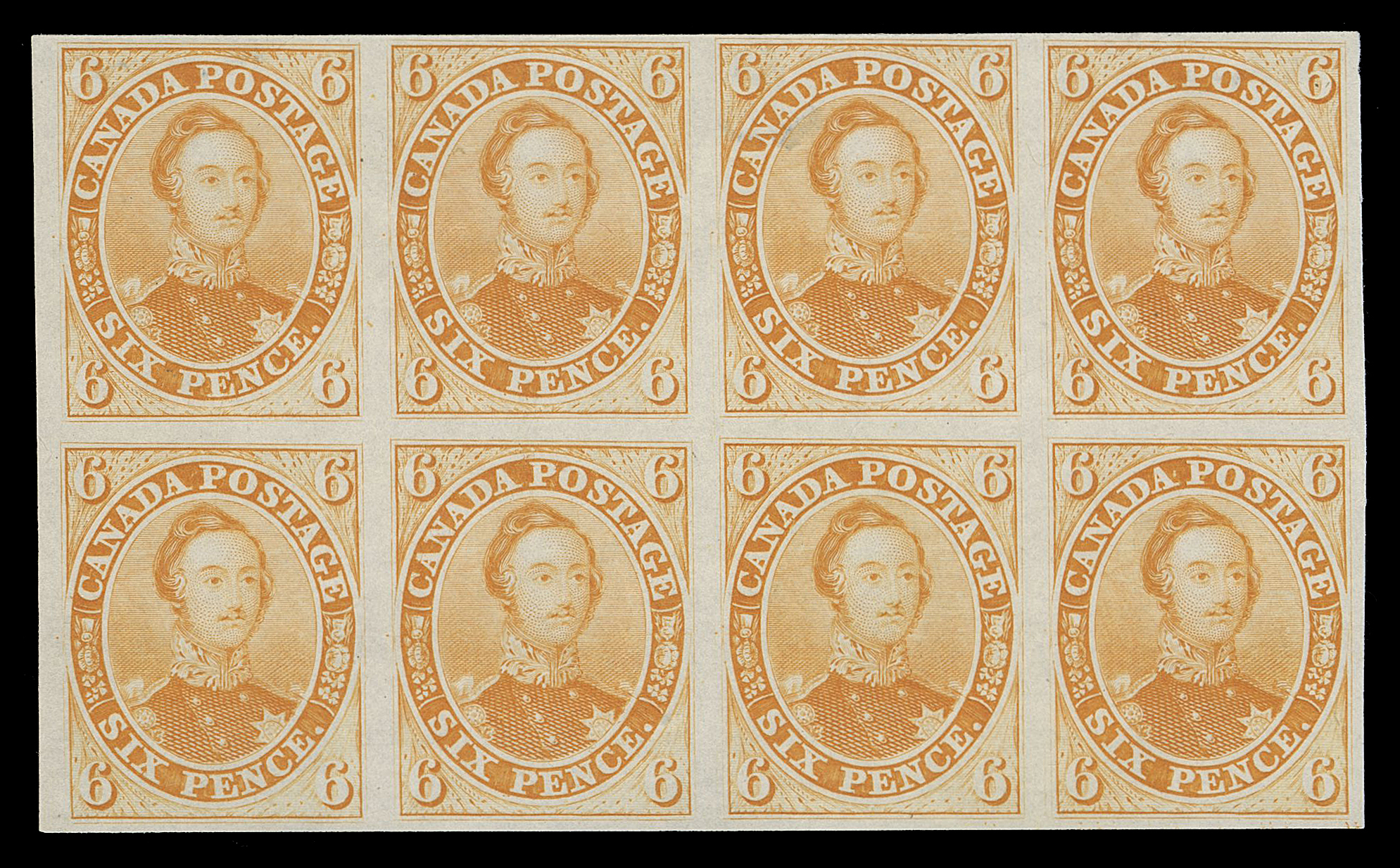 SIX PENCE AND TEN CENTS  2TCii,A beautiful trial colour plate proof block of eight printed in orange yellow on india paper; rarely seen coloured in such a large multiple, VF