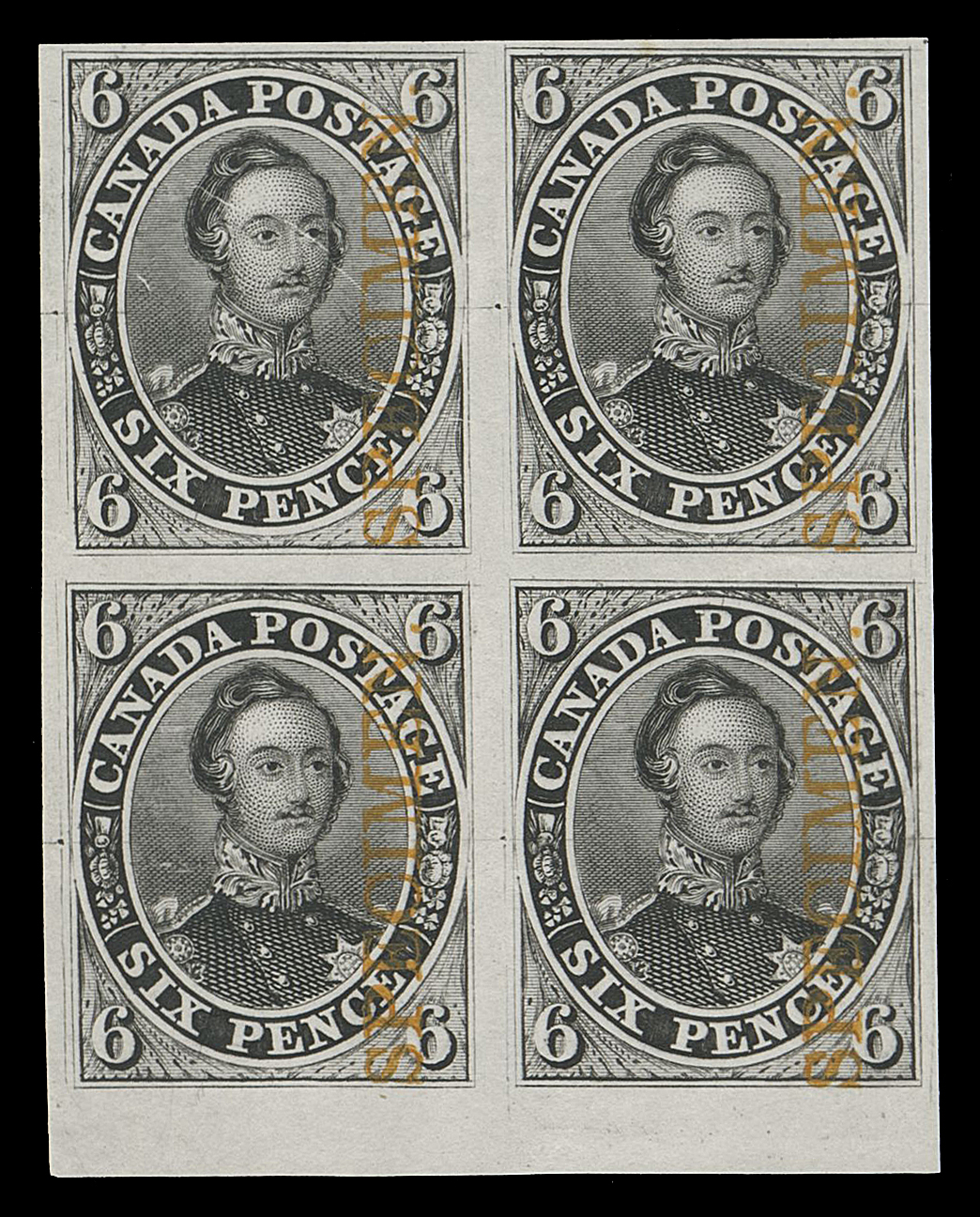 SIX PENCE AND TEN CENTS  2TCx,A trial colour plate proof block printed in black on india paper, vertical SPECIMEN overprint in orange, VF

Provenance: Henry Gates (Part 1), Maresch Sale 124, March 1981; Lot 251
The "Lindemann" Collection (private treaty, circa. 1997)
