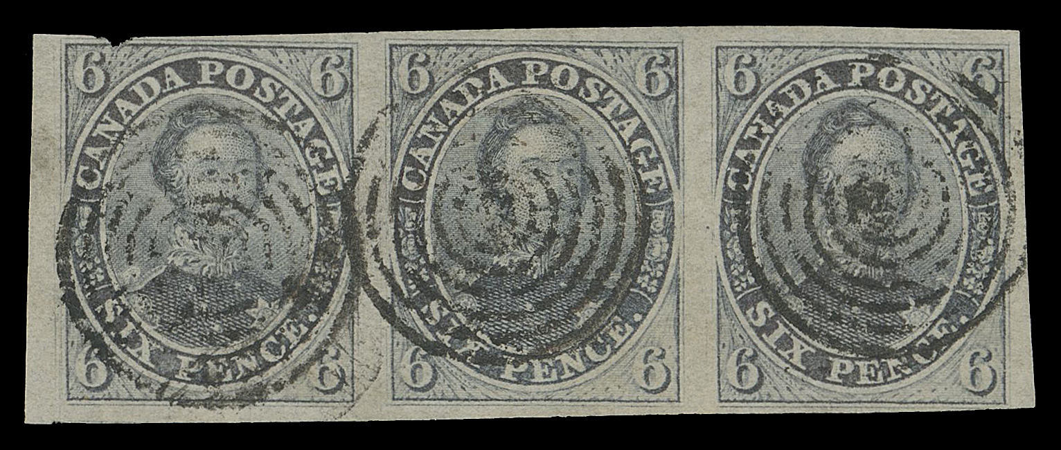 SIX PENCE AND TEN CENTS  2,A rarely seen used horizontal strip of three of this first issue on laid paper, visible laid lines and fabulous colour on fresh paper, surrounded by clear to mostly large margins; tiny nick at top left, nicely used with centrally struck concentric rings, F-VF

Expertization: 2003 Greene Foundation certificate

Provenance: North America Sale, Harmer, Rooke & Co. October 1965; Lot 27
Guilford Collection of Canada Pence Issues, Siegel, September 1994; Lot 2036

Literature: Illustrated in Robson Lowe "The Encyclopedia of British Empire Postage Stamps Volume V - British North America" on page 167. 