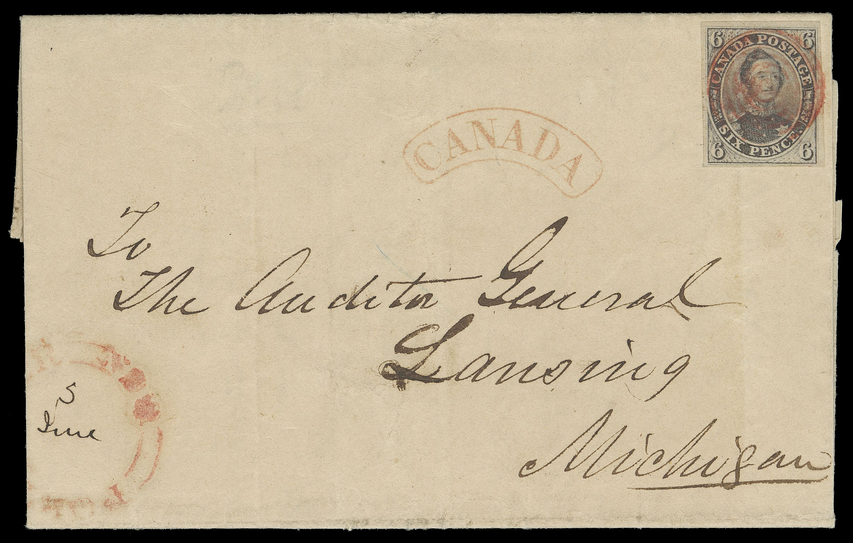 SIX PENCE AND TEN CENTS  1851 (June 5) Cover mailed from Port Dover to Lansing, Michigan, bearing 6p slate violet, deep shade on laid paper with adequate margins, light file fold through, tied by concentric rings cancellation IN BRIGHT RED with same-ink Port Dover double arc dispatch with filled-in date "5 June", clear Simcoe JU 3, Brantford (in blue) JU 3 1851, partially legible London JUN 4 transit backstamps. A very scarce coloured cancelled cover mailed less than four weeks after the 6 pence came into circulation, F-VF (Unitrade 2)

Expertization: 1997 BPA certificate