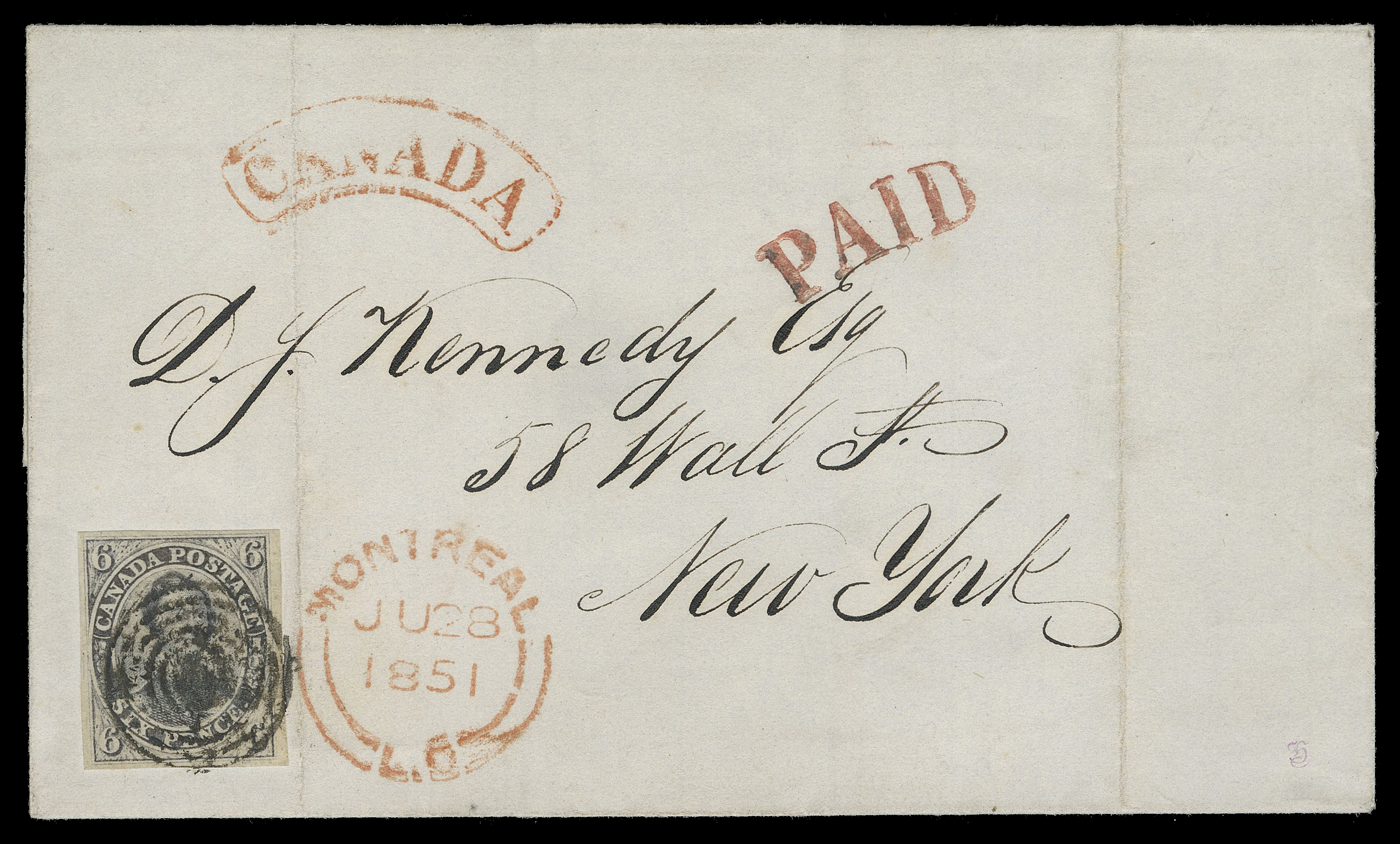 SIX PENCE AND TEN CENTS  1851 (June 28) A superb, very fresh cover to New York from the well-known Kennedy correspondence, bearing a choice 6p slate violet on laid paper with prominent laid lines, ample to large margins, rich colour and sharp impression, tied by concentric rings, couple file folds away from stamp, Montreal JU 28 1851 double arc dispatch, "CANADA" arc handstamp and PAID struck in red; no backstamp as customary for mail to the US. A beautiful single-franking cover mailed in the second month of usage, XF (Unitrade 2)

Provenance: The "Harbour" Collection of Canada