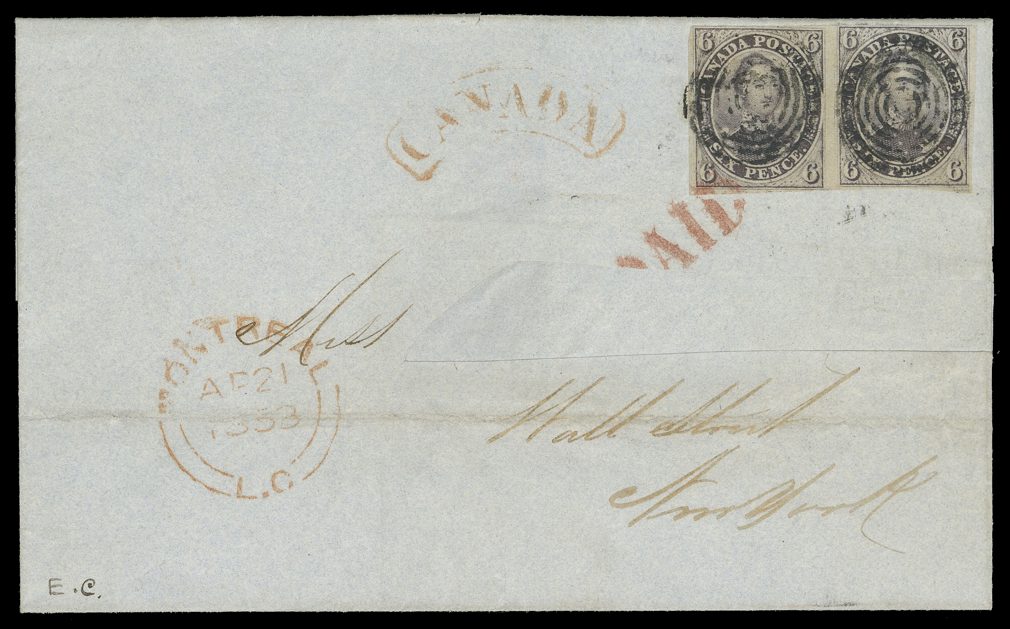 SIX PENCE AND TEN CENTS  1853 (April 21) Cover from Montreal to New York, part of addressee excised, bearing a horizontal pair of 6p slate violet with just clear to large margins, stuck by concentric rings, left stamp further tied by PAID handstamp in red, Montreal double arc dispatch and border exchange arc "CANADA" handstamp in red; no backstamp as customary for mail to the US A scarce double weight 12 pence rate cover, Fine (Unitrade 2)

Provenance: Alfred Caspary, Sale 5 - British North America, H.R. Harmer, Inc., New York, October 1956; Lot 24