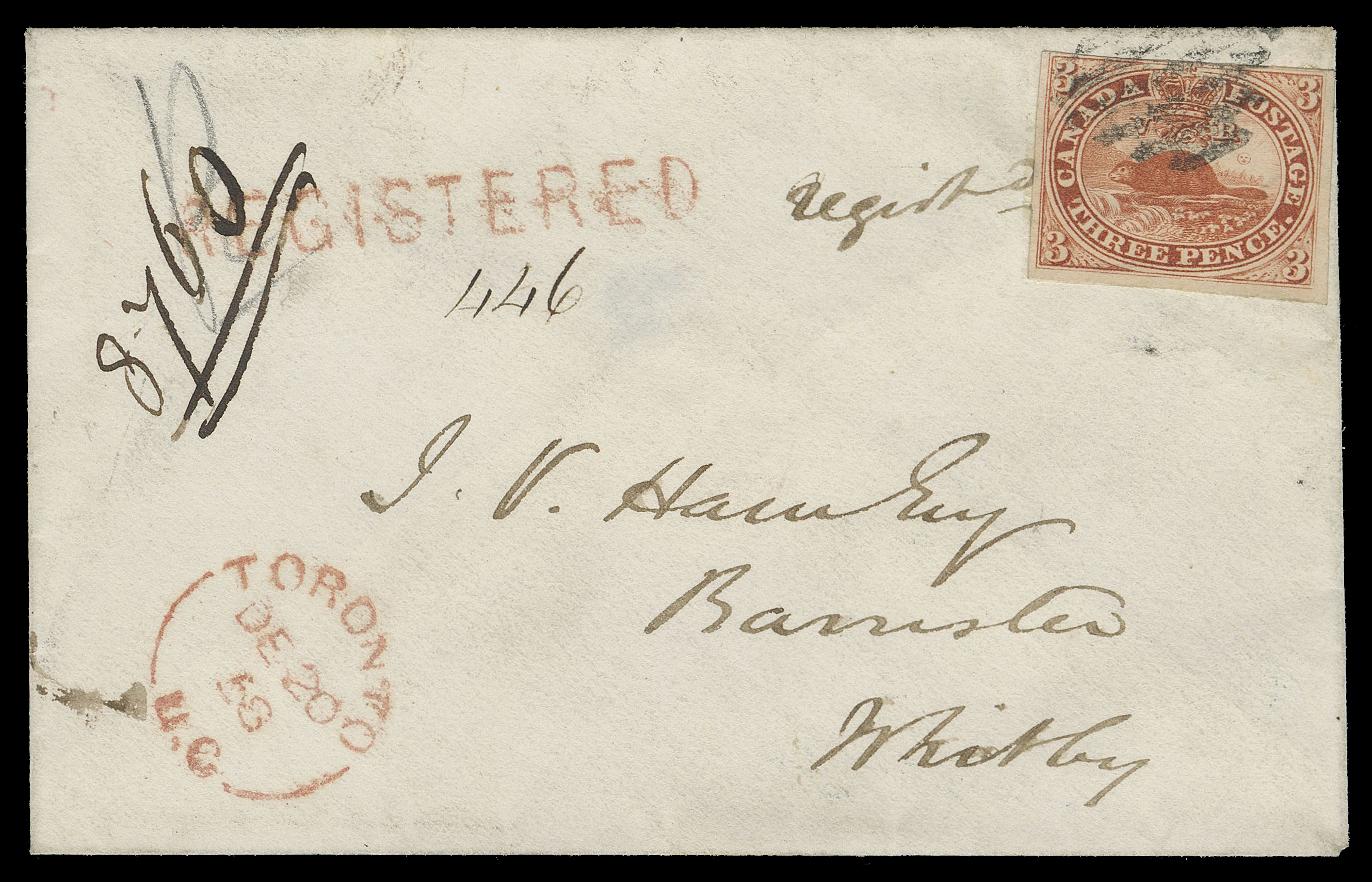 THREE PENCE AND FIVE CENTS  1858 (December 20) Small white envelope in immaculate fresh condition mailed registered to Whitby, bearing a 3p red on medium wove paper with fabulous colour, barely touching frame at top to large margins and tied by diamond grid, Toronto split ring dispatch and straightline REGISTERED handstamp in red. An appealing 3 pence domestic letter rate, the 1 penny registration fee paid in cash as customary, VF (Unitrade 4)

Provenance: The "Harbour" Collection of Pence, Firby Auctions, May 1996; Lot 24