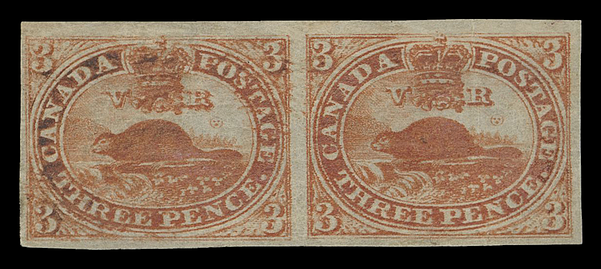 THREE PENCE AND FIVE CENTS  4iv,A seldom seen mint pair of this distinctive paper type with  characteristic blurry print, deep colour and large margins,  diagonal and vertical creasing, large part original gum, a very  scarce multiple with VF appearance (Unitrade cat. $10,000)

Plated by Clayton Huff with his pencil annotation on back "PP  B1+2" on reverse.

Provenance: Leland Powers Pence Issues of Canada,  Kelleher Sale 461, March 1955; Lot 70
General Robert Gill, Robson Lowe Ltd., October 1965; Lot 13
Clayton Huff (Part 4), Maresch Sale 207, November 1987; Lot 40